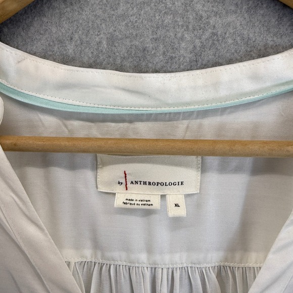 Anthropologie Blouse Long Sleeve V Neck Ruched Tie Front Ivory Womens Size XL - Picture 3 of 14